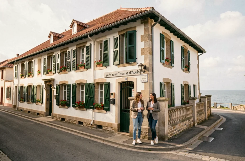 Façade du Lycée Saint-Thomas d'Aquin à Saint-Jean-de-Luz avec deux élèves devant l'entrée de l'établissement