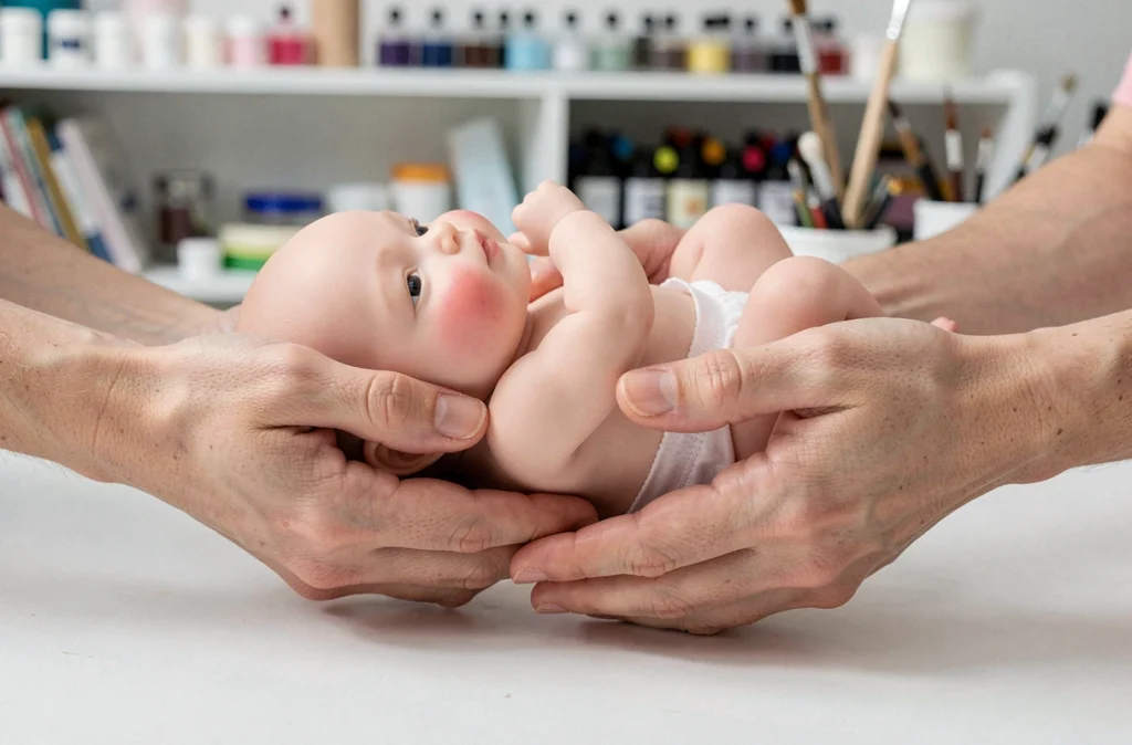 Mains tenant délicatement un bébé reborne en silicone réaliste avec texture de peau détaillée dans un atelier de création artisanale