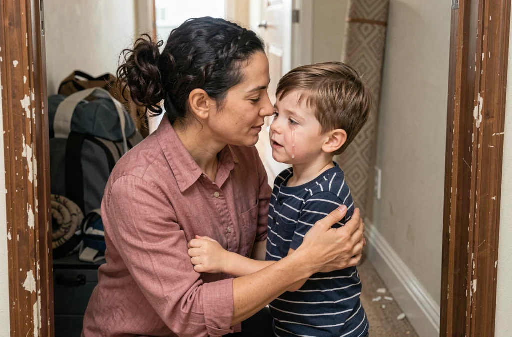 Mère consolant son fils en larmes dans l'embrasure d'une porte lors d'un déménagement, moment de tendresse parentale
