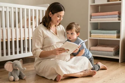 Mère enceinte lisant un livre à son fils aîné dans la chambre du futur bébé