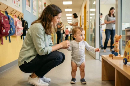 Jeune mère accompagnant son tout-petit lors de ses premiers pas à la crèche, scène d'au revoir émouvante et naturelle à l'entrée d'un établissement de garde d'enfants