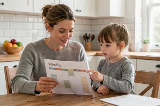 Mère et fille consultant un calendrier semaine paire impaire pour organiser la garde partagée à la maison