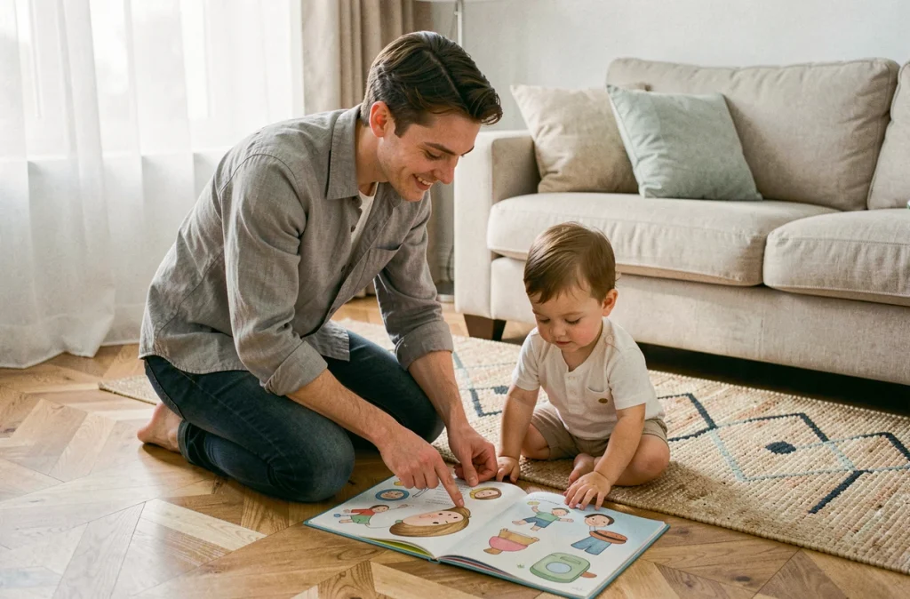 Parent et jeune enfant lisant ensemble un livre illustré sur l'apprentissage de la propreté dans un salon chaleureux