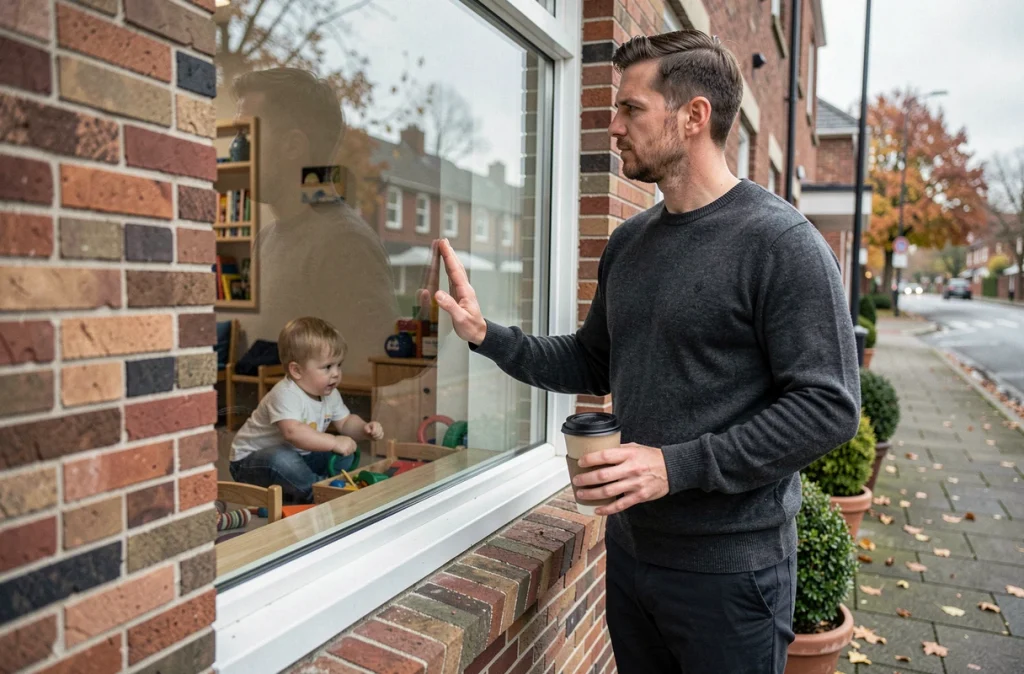 Père ému observant son enfant jouer à travers la fenêtre de la crèche lors de la période d'adaptation, moment de lâcher-prise touchant et universel