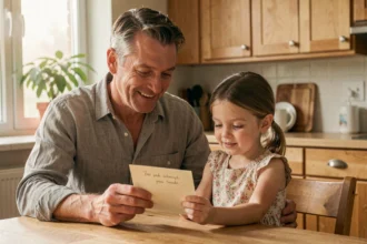Père ému lisant une carte de fête des pères écrite à la main par sa fille dans une cuisine familiale chaleureuse