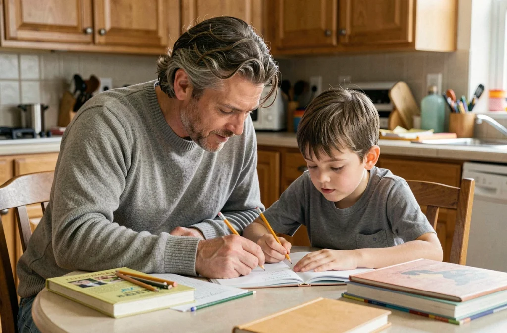 Un père aidant son jeune fils à faire ses devoirs dans une cuisine familiale authentique