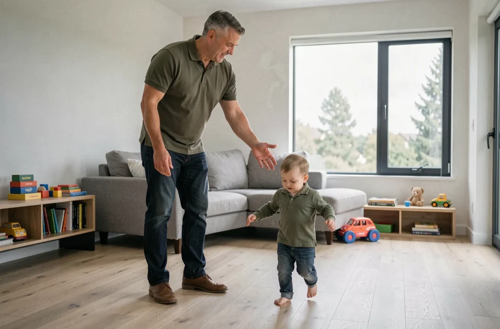 Un père bienveillant encourageant son tout-petit à marcher dans un salon familial moderne