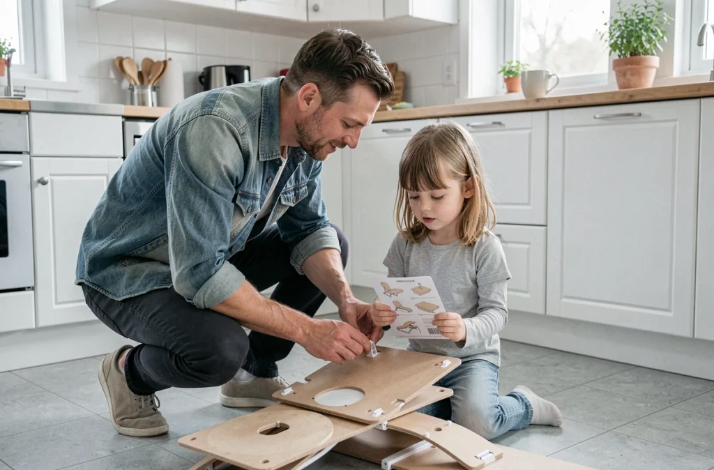 Père et fille assemblant un équipement de bébé ensemble dans la cuisine familiale