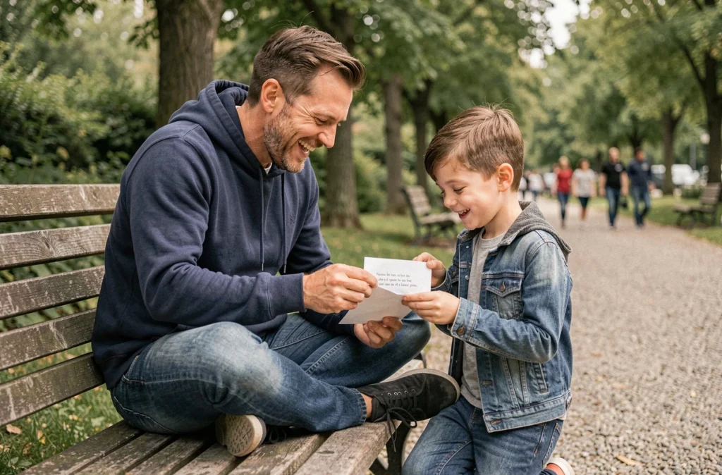 Père et fils riant ensemble en pliant un poème dans une enveloppe sur un banc de parc pour la fête des pères