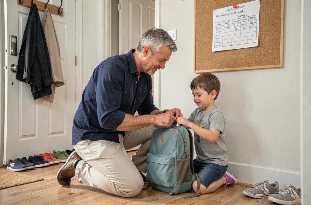 Père aidant son fils à préparer son sac lors d'une semaine de garde avec planning paire impaire affiché au mur