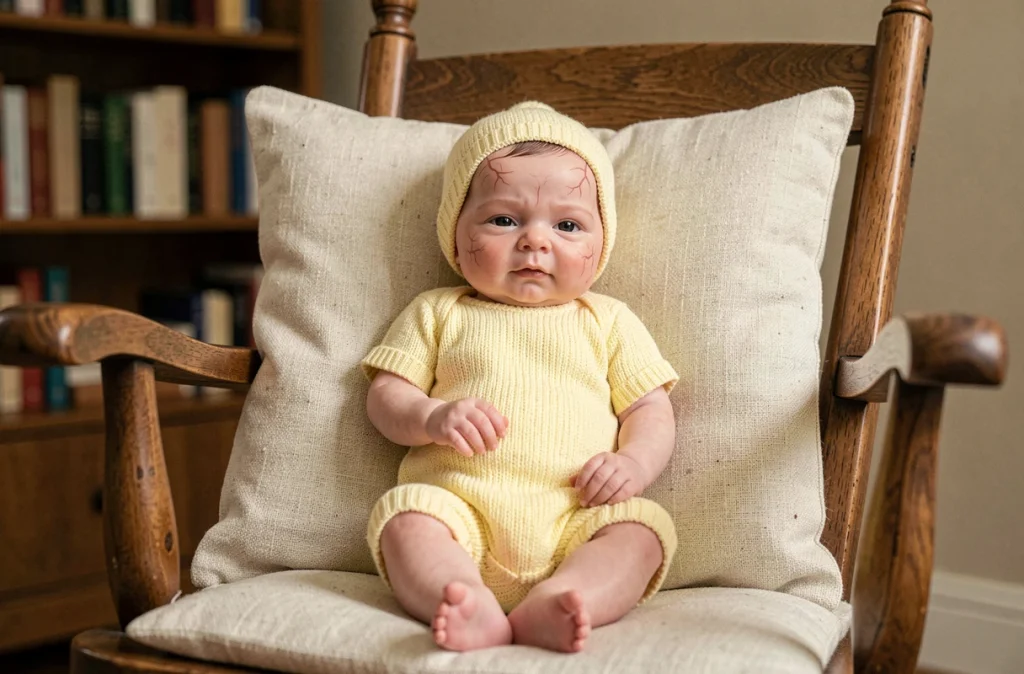 Poupon reborne en silicone habillé d'une grenouillère en tricot jaune pâle posé sur un rocking chair vintage en bois avec coussin en lin crème