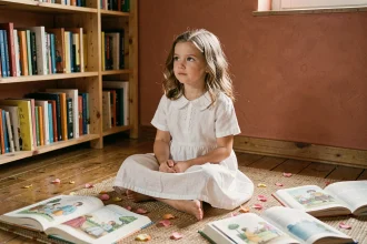 Petite fille prénommée Julia assise entourée de livres illustrés dans un coin lecture chaleureux et cosy