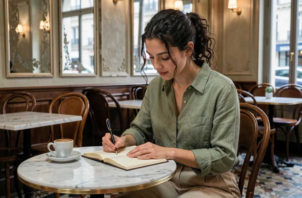 Jeune femme au prénom Julia écrivant dans un carnet dans un café parisien à l'atmosphère vintage
