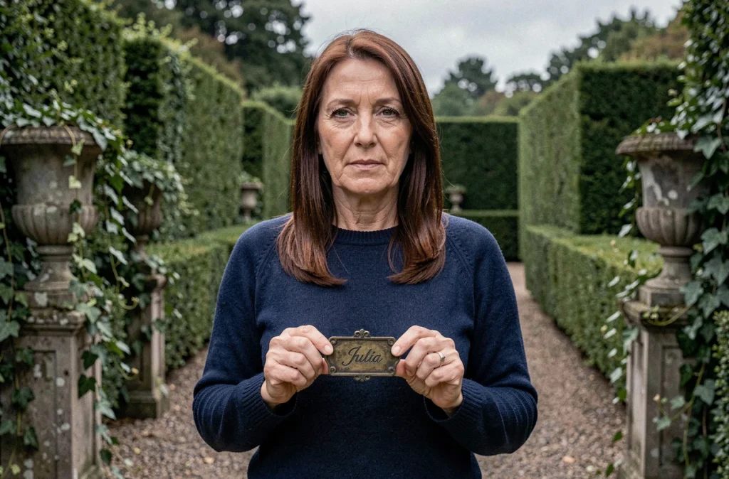 Femme tenant une plaque gravée du prénom Julia dans un jardin botanique verdoyant et élégant