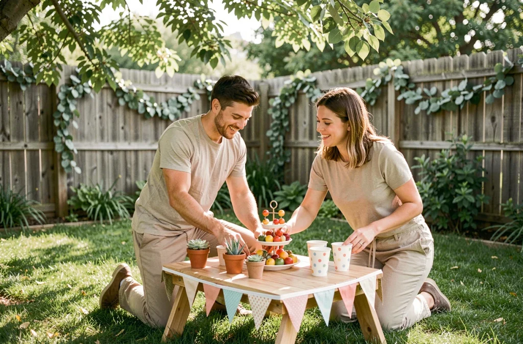 Parents préparant une table de fête d'anniversaire en plein air dans un jardin verdoyant pour les un an de leur enfant