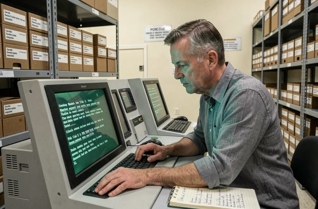 Chercheur consultant un lecteur de microfilm dans une salle d'archives publiques pour des recherches généalogiques sur des témoignages de presse