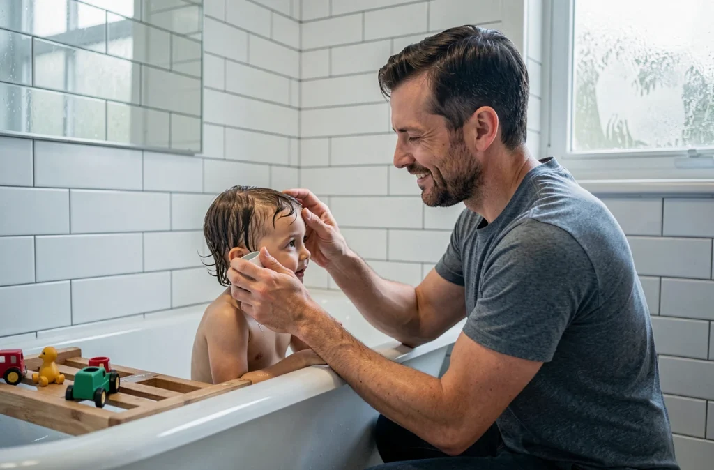 Père donnant le bain à son tout-petit dans une salle de bain apaisante dans le cadre d'une routine du soir familiale