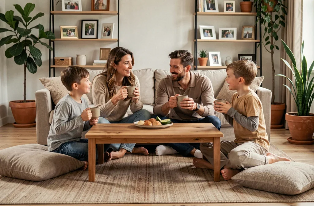 Famille réunie autour d'une table basse avec des tisanes dans le salon pour une routine du soir apaisante et partagée
