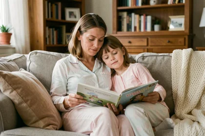 Mère et fille en pyjama lisant ensemble un livre illustré sur le canapé lors de leur routine du soir