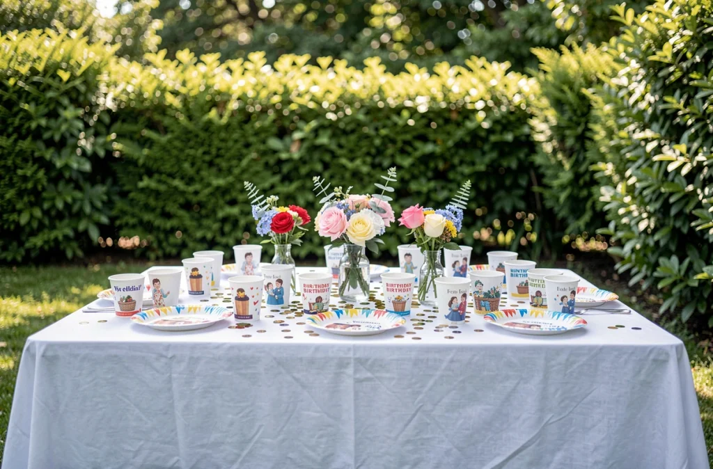 Table de fête en plein air avec gobelets personnalisés anniversaire et décorations festives