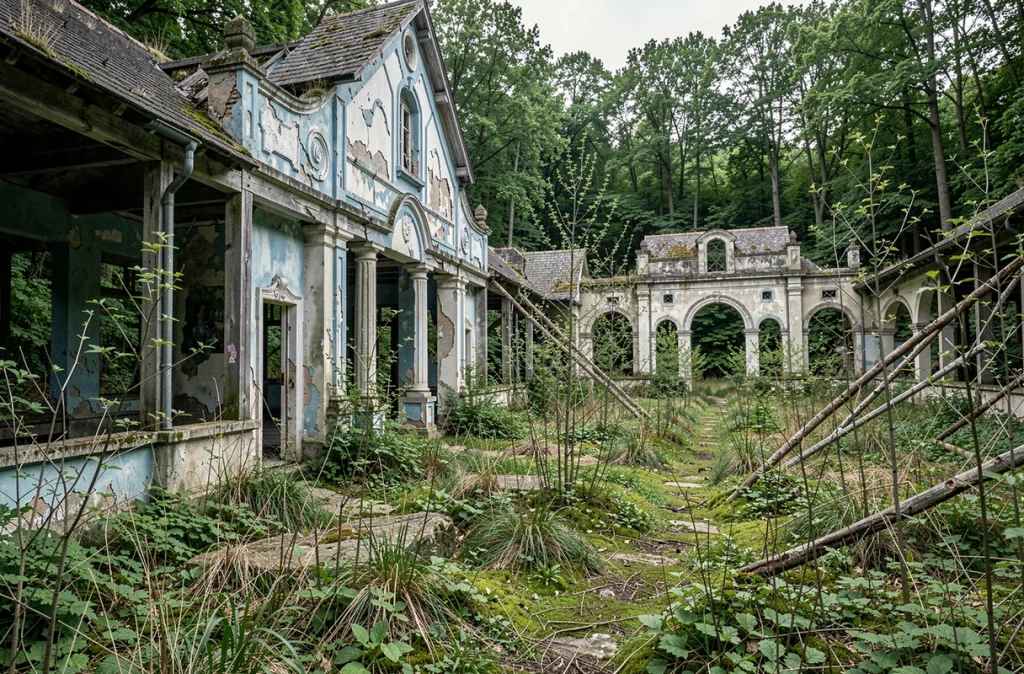 Vestiges d'une structure décorative du Parc des Schtroumpfs en Moselle, façade effondrée aux couleurs passées envahie par la végétation sauvage